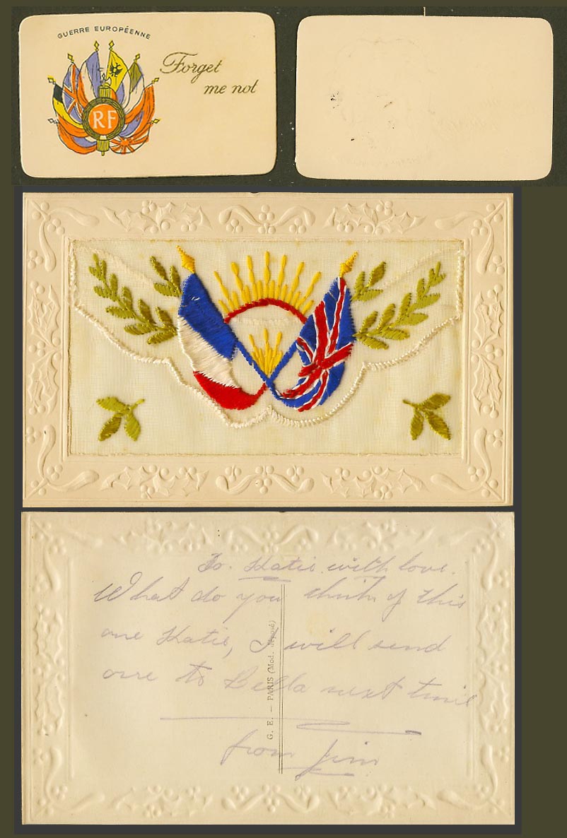 WW1 SILK Embroidered Old Postcard Sun Flags, RF Guerre Europeenne, Forget Me Not