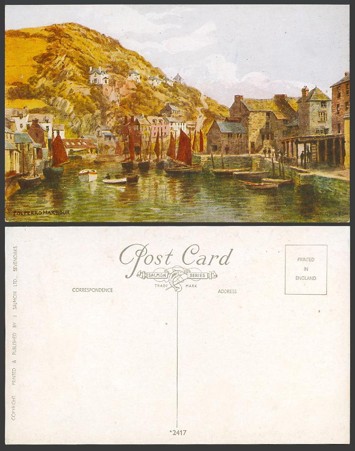 A.R. Quinton Old Postcard Polperro Harbour, Sailing Boats Hill Cornwall No. 2417
