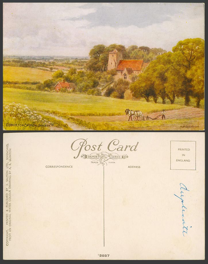 A.R. Quinton Old Postcard Edburton Church Sussex Horse Ploughing Field Plow 2037