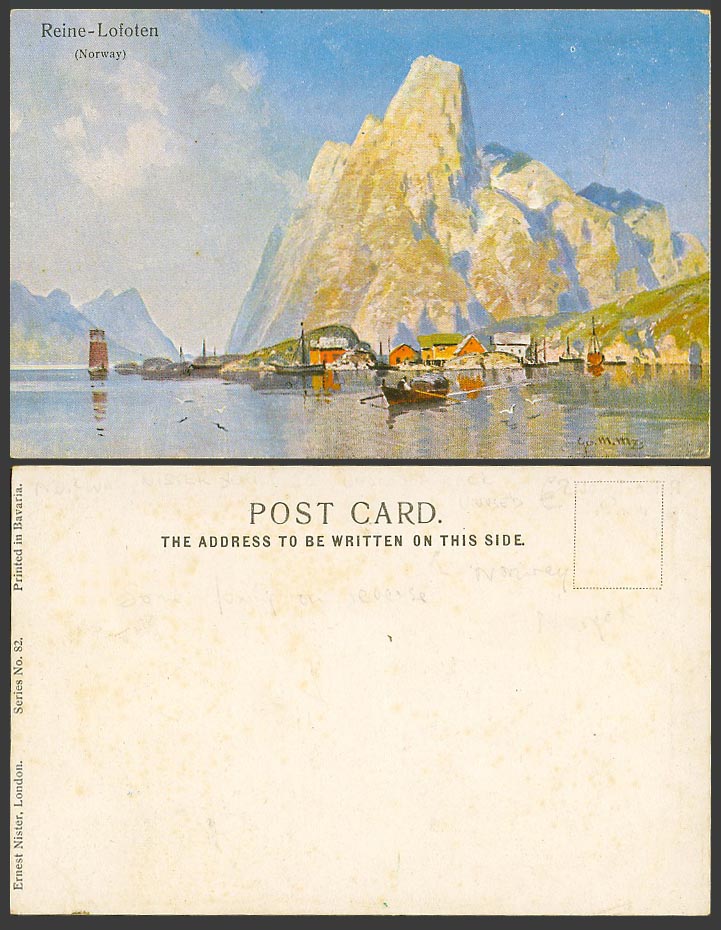 Norway Gio M Munzell Artist Signed Old Postcard Reine-Lofoten Lighthouse Harbour
