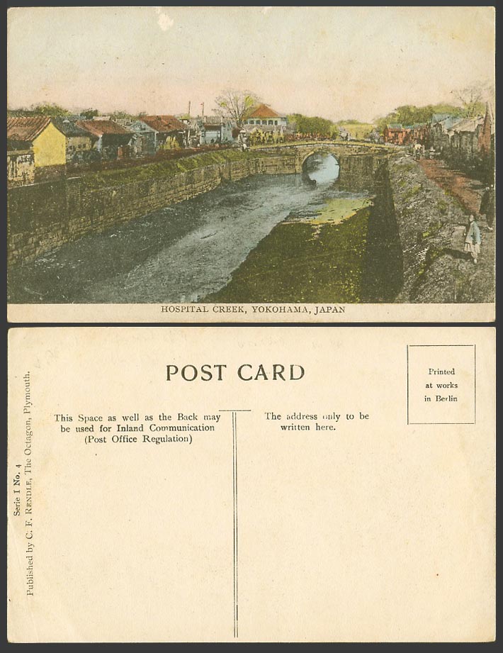 Japan Old Hand Tinted Postcard Hospital Creek River Scene Bridge Street Yokohama