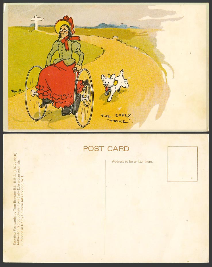 Tom B. Browne Sporting Postcard The Early Trike Dog Puppy Running After Old Lady