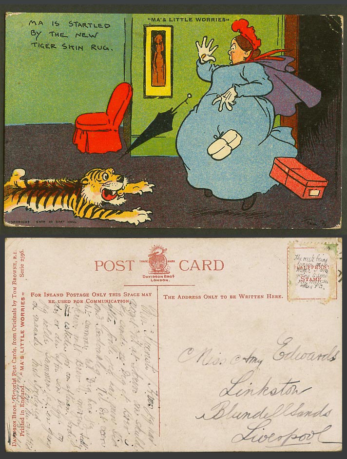 Tom B. Browne Old Postcard Ma's Little Worries Ma Startled by New Tiger Skin Rug