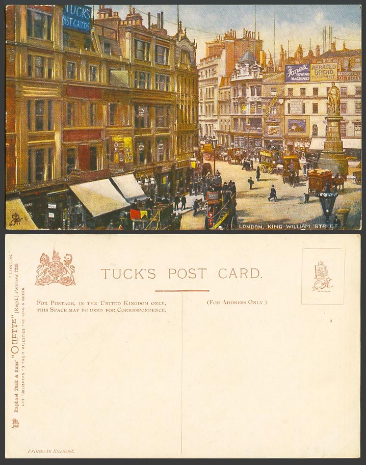London Old Tuck's Oilette Postcard King William Street Scene Statue Monument ART