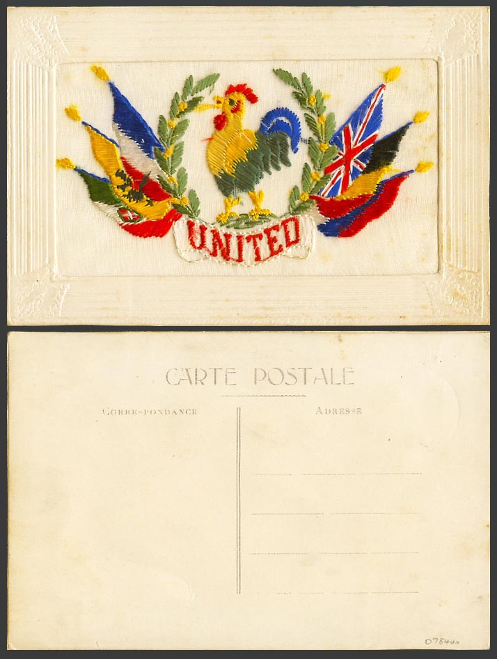 WW1 SILK Embroidered Old Postcard United, Chicken Cock Rooster Bird Allies Flags