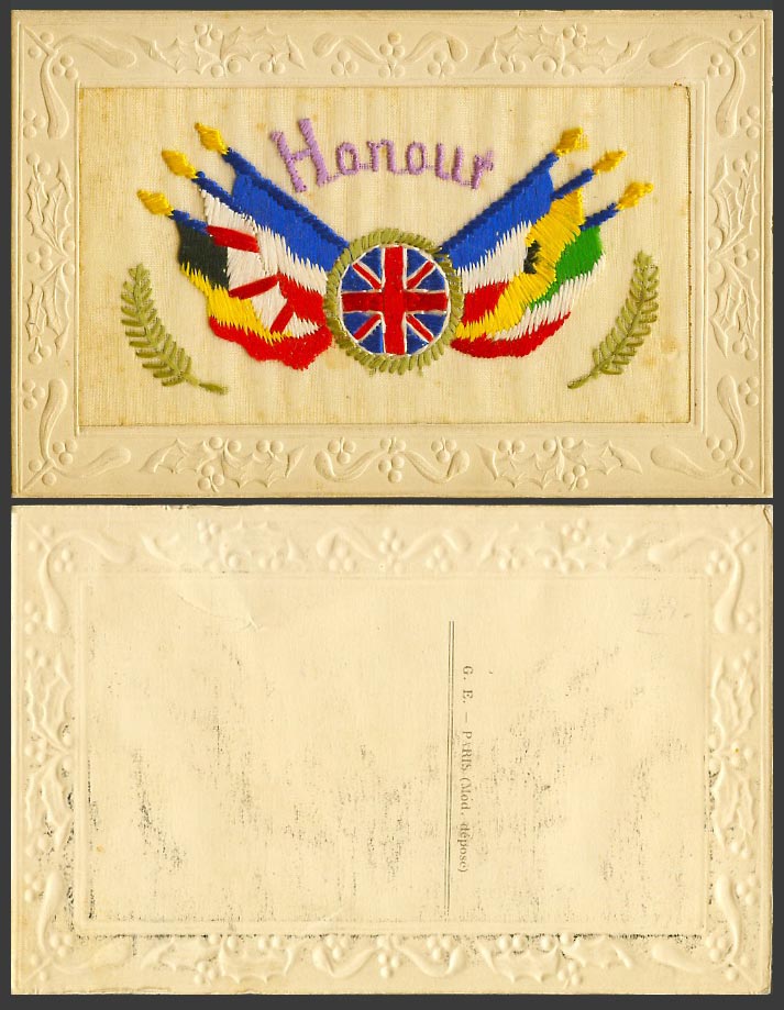 WW1 SILK Embroidered Old Postcard Honour British Flag Flags Military Novelty G.E