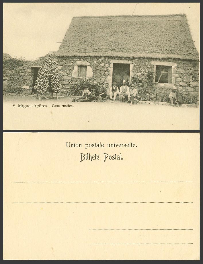 Azores S. Miguel Acores Casa Rustica Old UB Postcard Rustic House Native Men Boy