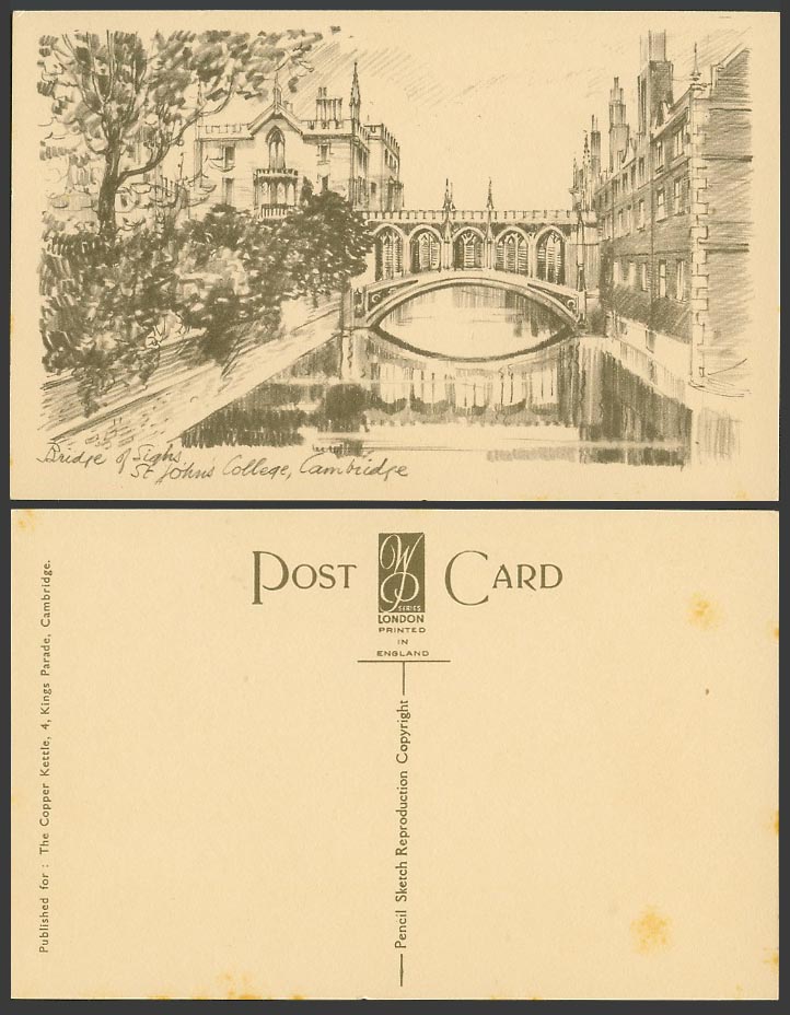 Cambridge Bridge of Sighs St John's College Art Artist Drawn Sketch Old Postcard