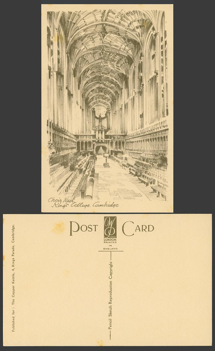 Cambridge, Choir West, King's College Interior, Artist Drawn Sketch Old Postcard