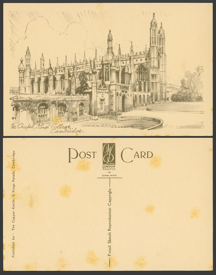Cambridge King's College The Chapel Church, Art Artist Drawn Sketch Old Postcard