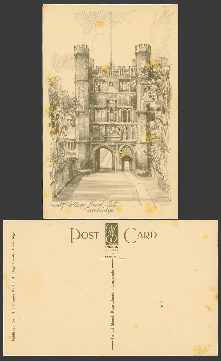 Cambridge Trinity College Great Gate Art Artist Drawn Sketch Old Postcard Cambs.