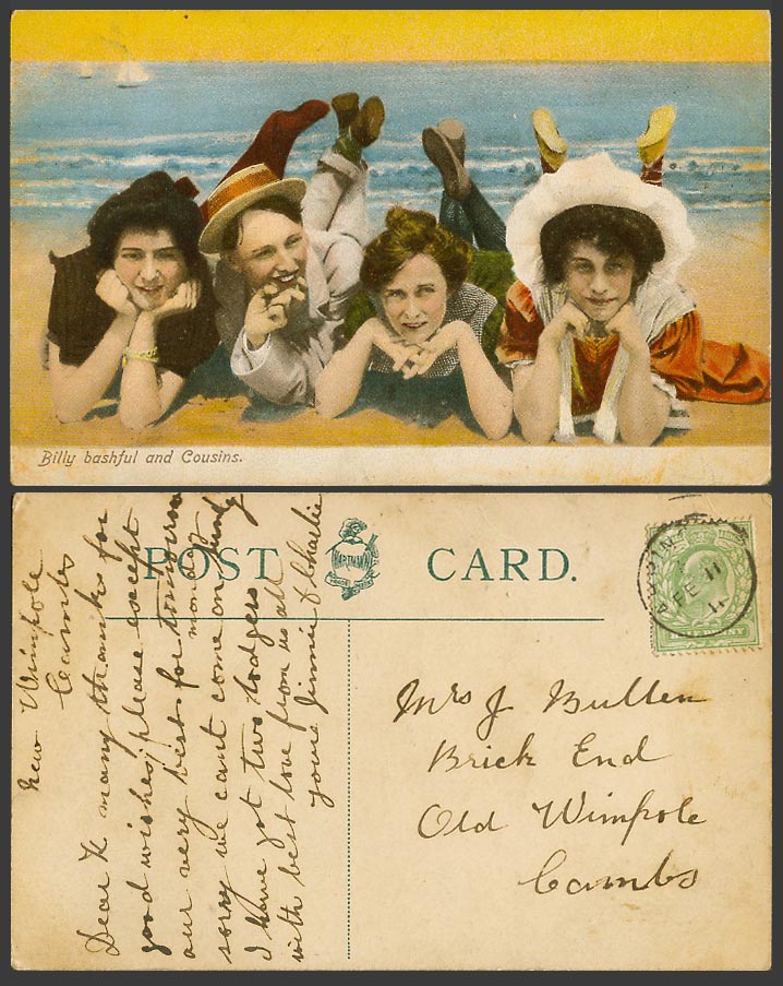 Billy Bashful and Cousins Women Ladies on Beach Seaside 1911 Old Colour Postcard