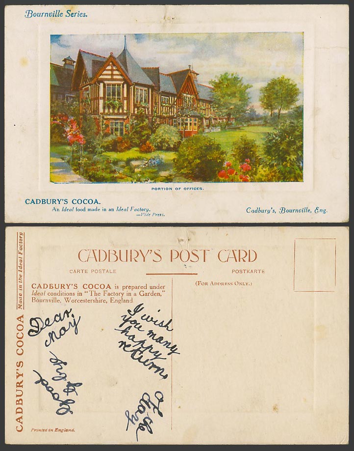 Cadbury's Cocoa, Portion of Offices Factory in a Garden, Bournville Old Postcard