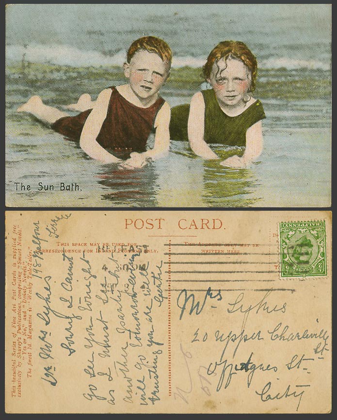 The Sun Bath Children Little Girl, Boy on Beach Bathers 1912 Old Colour Postcard