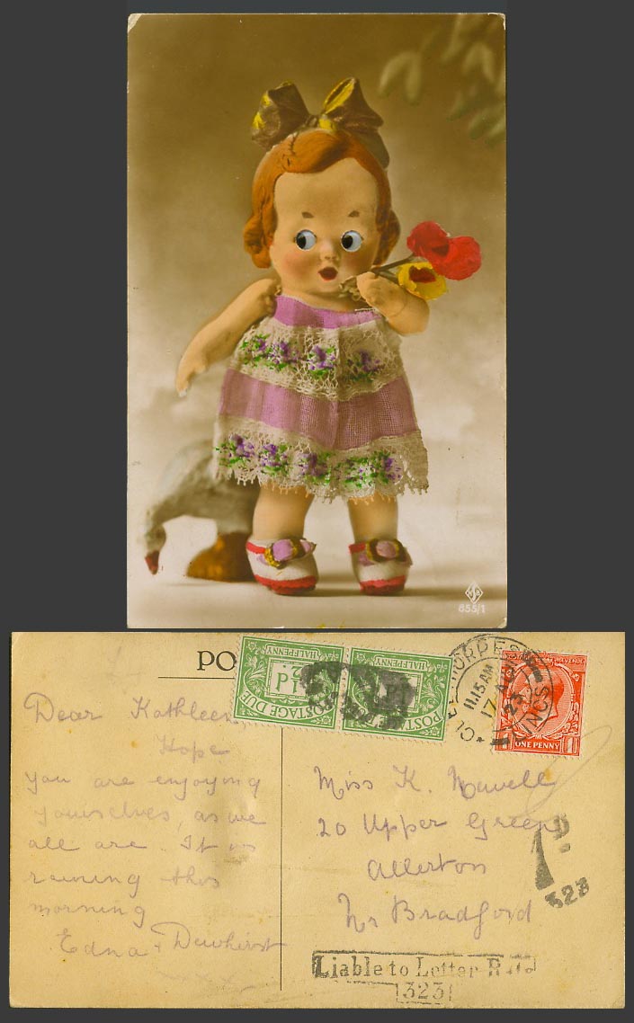 Girl with Glass Eyes, Liable to Letter Rate 323 & Postage Dues 1923 Old Postcard