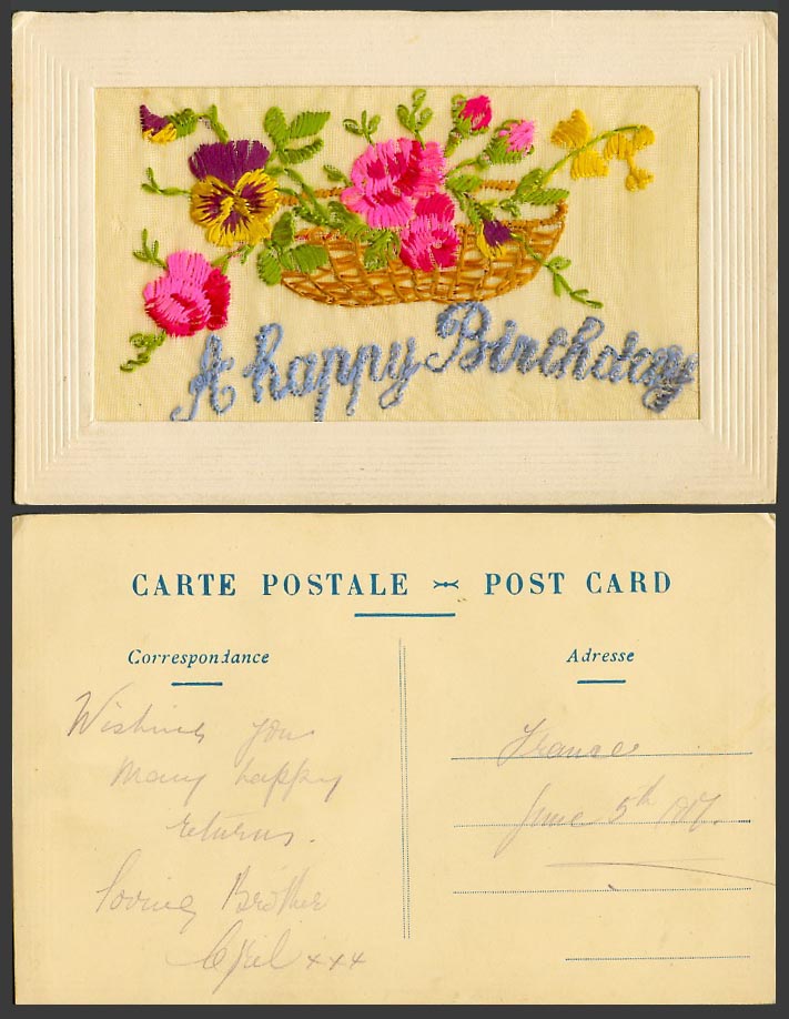 WW1 SILK Embroidered Old Postcard A Happy Birthday Flowers Flower Basket Novelty
