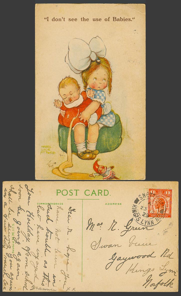 MABEL LUCIE ATTWELL 1929 Old Postcard I Don't See The Use of Babies Clown MM.175
