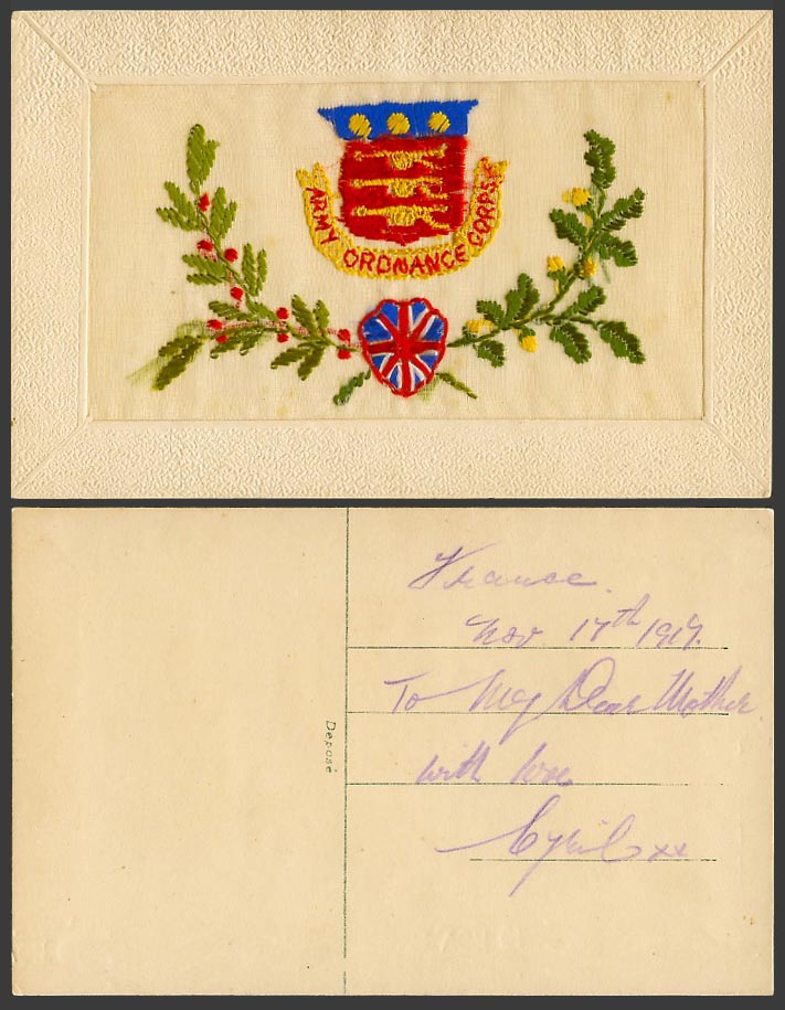 WW1 SILK Embroidered 1917 Old Postcard Royal Army Ordnance Corps. - Coat of Arms
