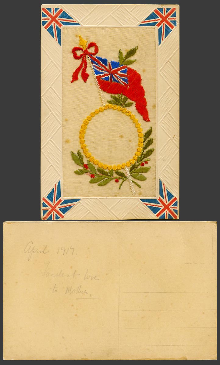 WW1 SILK Embroidered April 1917 Old Postcard British Flags Empty Portrait Wallet