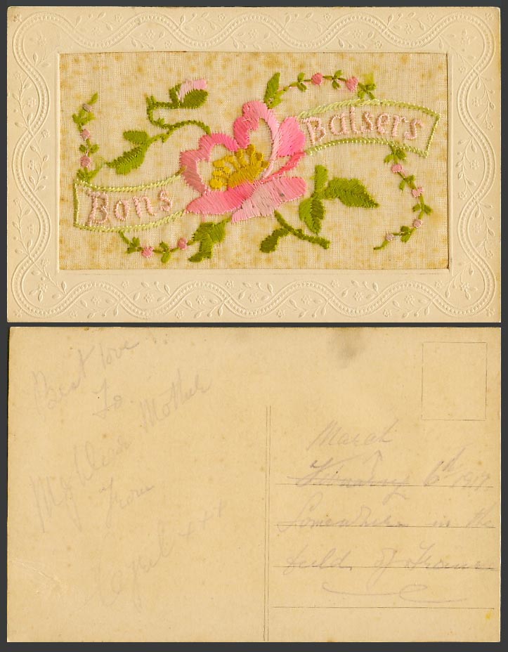 WW1 SILK Embroidered 1917 Old Postcard Bons Baisers Good Kisses and Pink Flowers
