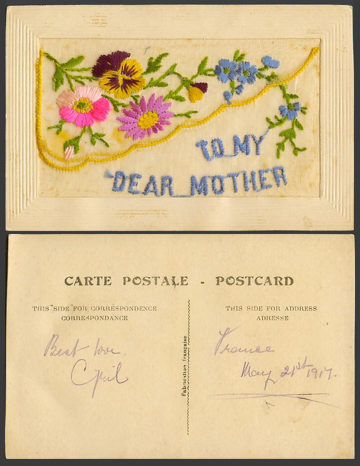 WW1 SILK Embroidered 1917 Old Postcard To My Dear Mother, Flowers & Empty Wallet