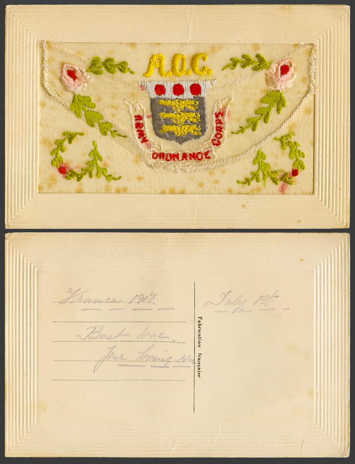 WW1 SILK Embroidered 1917 Old Postcard A.O.C. Army Ordnance Corps., Empty Wallet