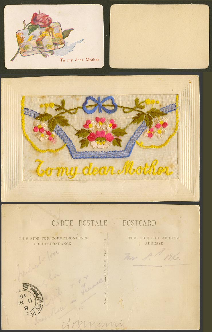 WW1 SILK Embroidered, Army PO 1916 Old Postcard To My Dear Mother Flowers Wallet