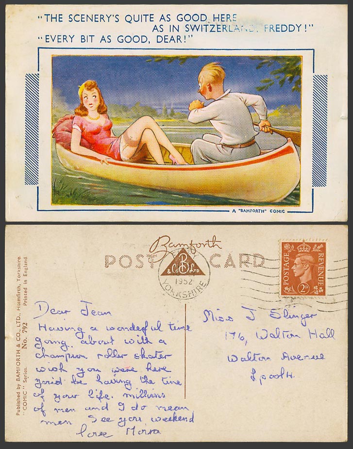 Romance Comic Boating Boat Scenery's as good as in Switzerland 1952 Old Postcard