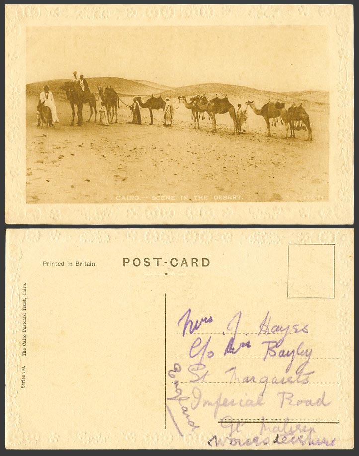 Egypt Old Embossed Postcard Cairo Scene in The Desert, Sand Dunes, Camel Caravan