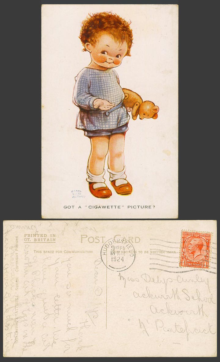 MABEL LUCIE ATTWELL 1924 Old Postcard Teddy Bear Girl Got Cigawette Picture? 698