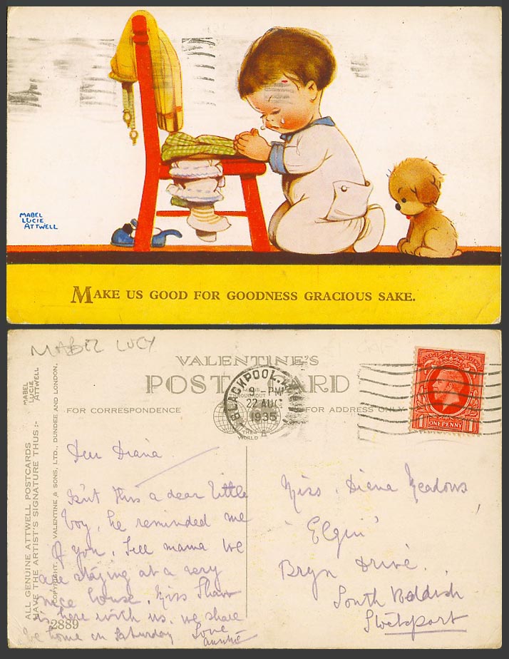 MABEL LUCIE ATTWELL 1935 Old Postcard Make Us Good for Goodness Gracs. Sake 2889