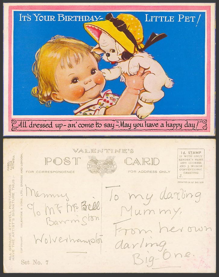 MABEL LUCIE ATTWELL Old Postcard Its Your Birthday Little Pet Dog Girl Set No. 7