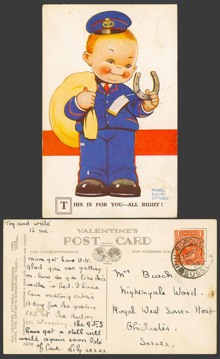 MABEL LUCIE ATTWELL 1934 Old Postcard Postman Horseshoe is For You Al Right 2474