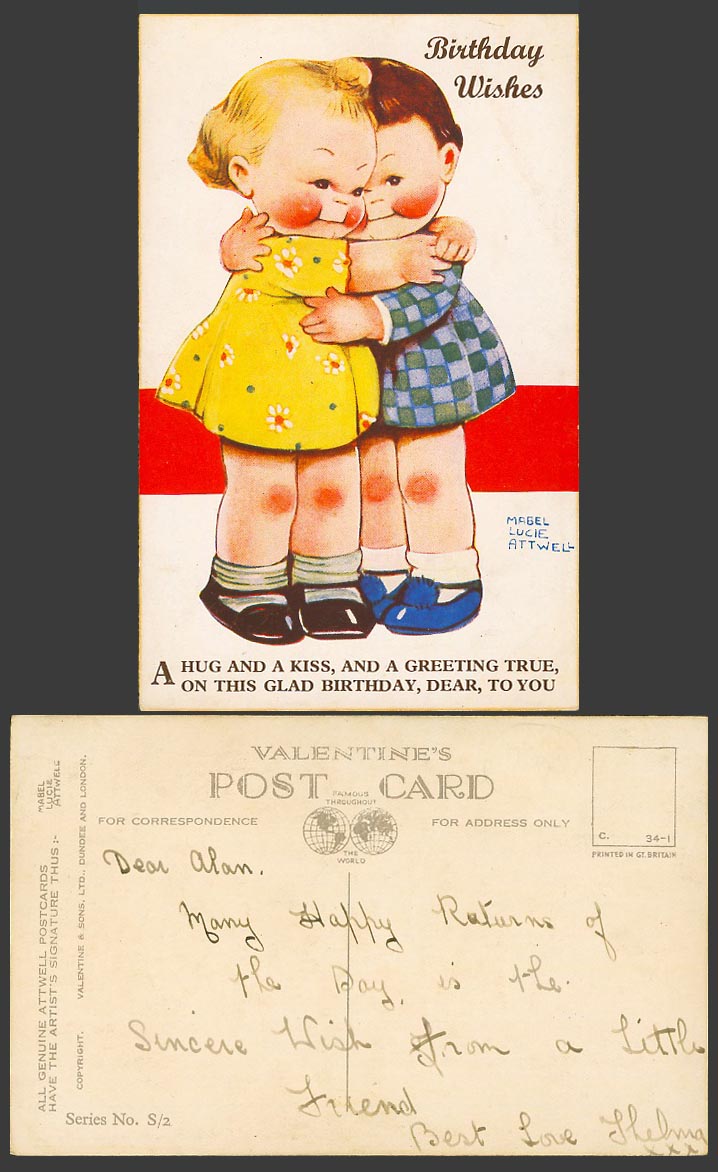 MABEL LUCIE ATTWELL Old Postcard Birthday Wishes A Hug Kiss Greeting Set No. S/2