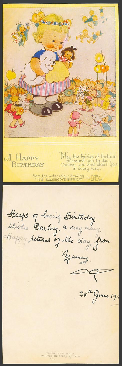 MABEL LUCIE ATTWELL 1940 Old Card A Happy Birthday, Fairy Fairies Dog Puppy Doll