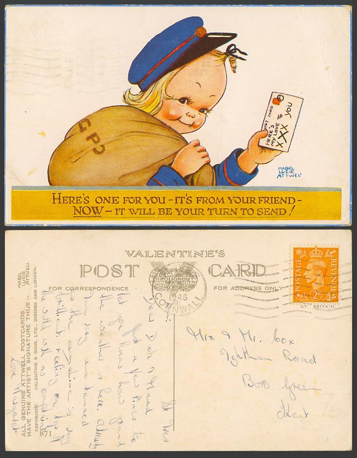 MABEL LUCIE ATTWELL 1946 Old Postcard Postwoman It will be Your Turn to Send 871