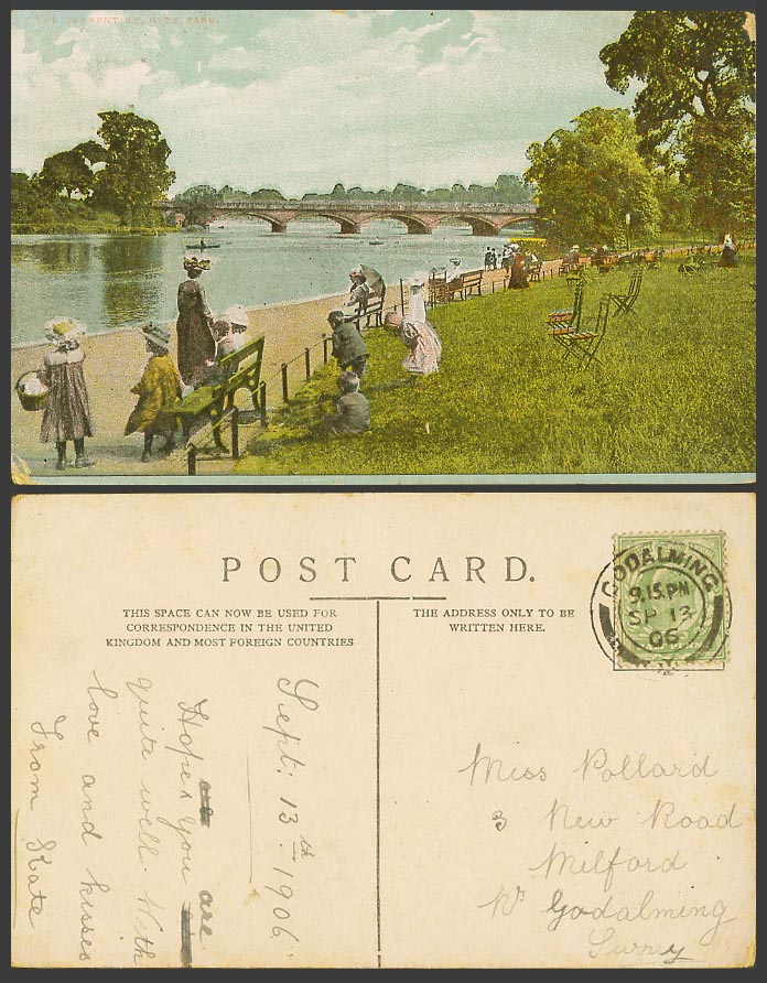 London 1906 Old Colour Postcard The Serpentine Lake Hyde Park Bridge Girls Women