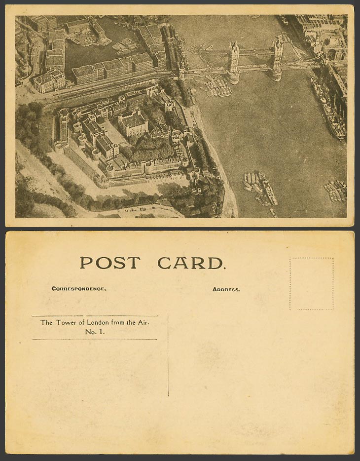 London Old Postcard The Tower of London from Air, Aerial View Thames River Boats