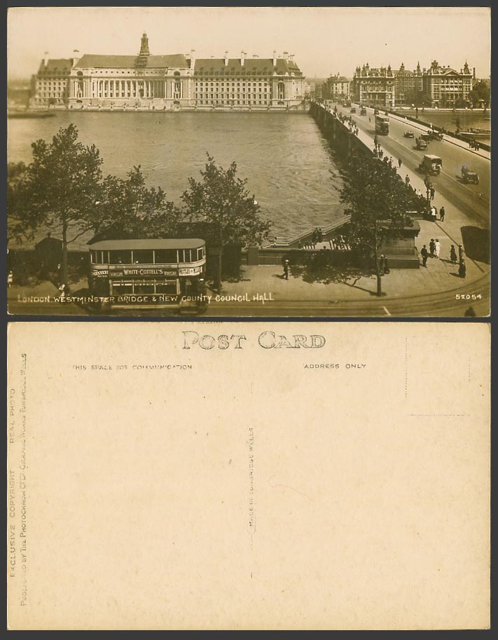 London Old Real Photo Postcard Westminster Bridge & New County Council Hall, Bus