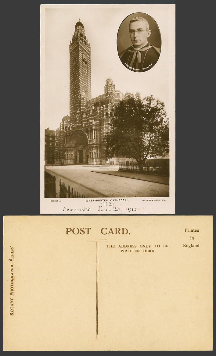 London Old Real Photo Postcard WESTMINSTER CATHEDRAL, Archbishop Bourne Portrait