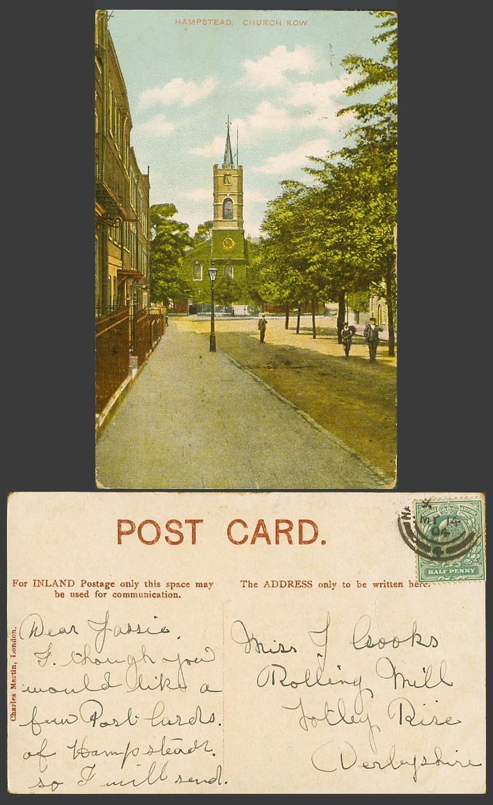 London 1904 Old Colour Postcard Hampstead Church Row, Street Scene, Clock Tower