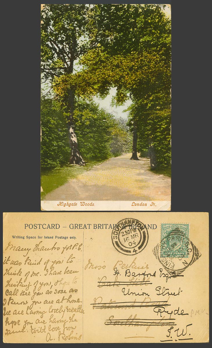 London KE7 1/2d 1904 Old Colour Postcard Highgate Woods - London N. North, Trees