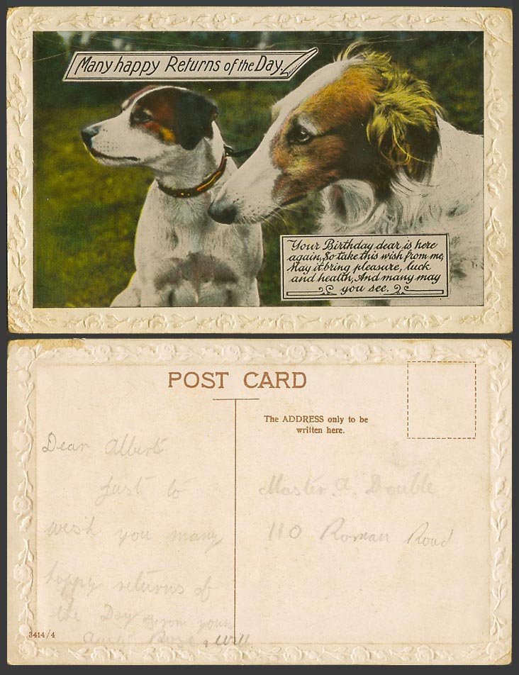 Collie Dog Dogs Puppy Many Happy Returns of The Day Pets Old Embossed Postcard