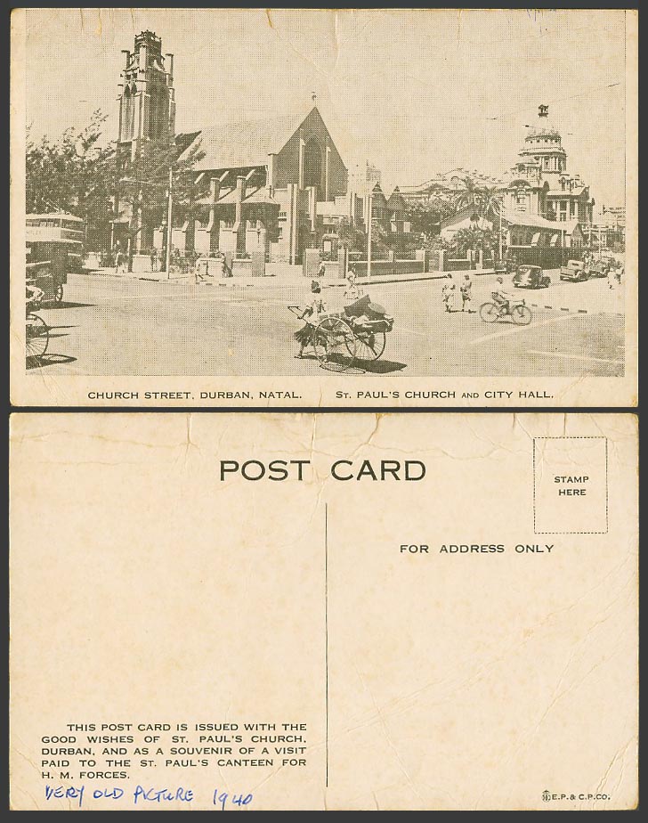 South Africa Durban Natal 1940 Old Postcard St. Paul's Church, City Hall, Street
