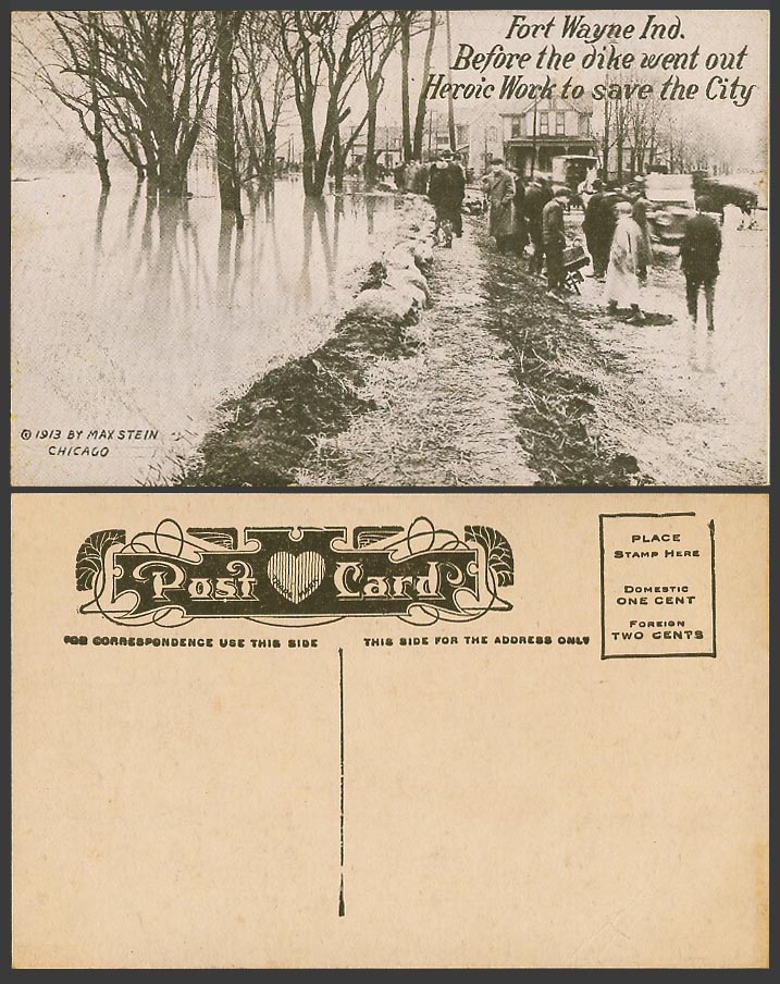 USA Old Postcard Fort Wayne Ind. Before Dike Went Out Heroic Work to Save City