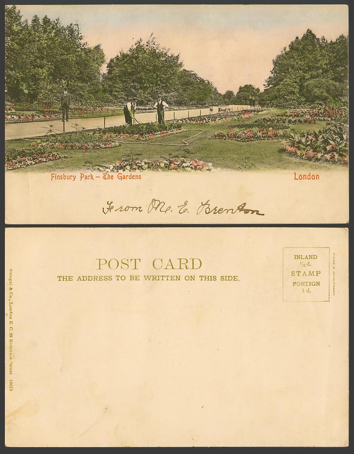 London Old Hand Tinted UB Postcard Finsbury Park, The Garden, Flowers, Gardeners