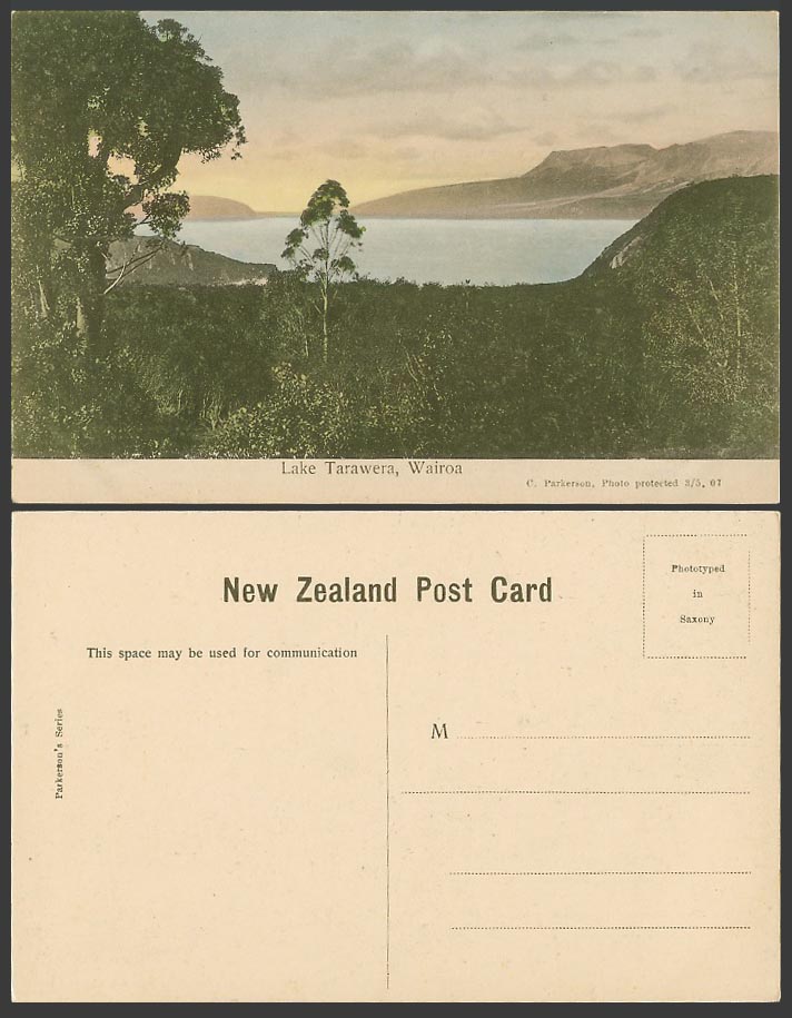 New Zealand Old hand Tinted Postcard Lake Tarawera Wairoa Mountain Hill Panorama
