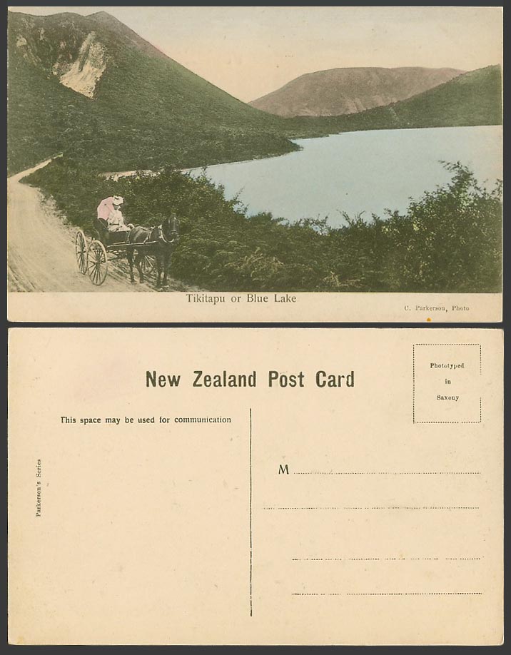 New Zealand Old H. Tinted Postcard Tikitapu Blue Lake Glamour Lady on Horse Cart