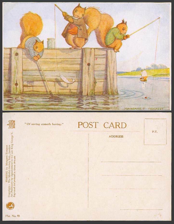Margaret Tempest Artist Signed Old Postcard Squirrels Fishing Pole Net Fish Boat