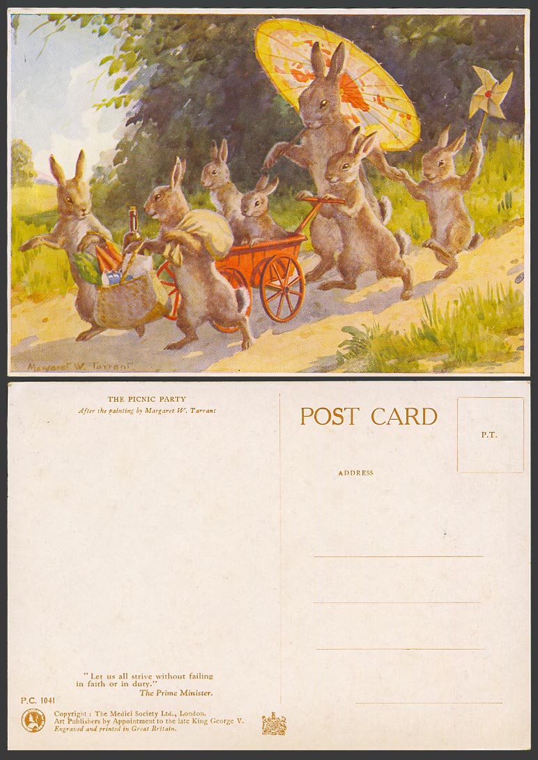 Margaret W. Tarrant Old Postcard The Picnic Party, Rabbit Rabbits Bunny Bunnies